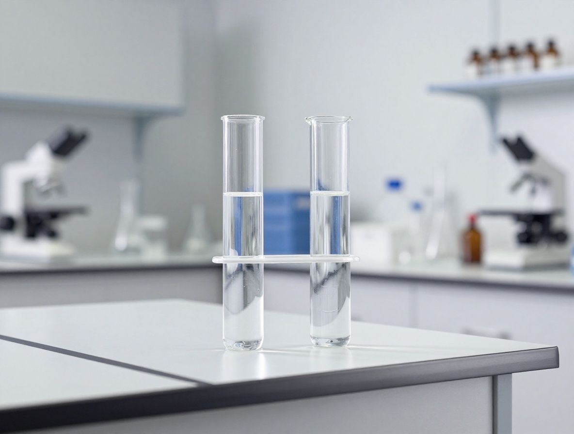 Modern laboratorieinteriör med blanka vita ytor, glasflaskor med klara vätskor och naturligt ljus som faller in genom höga fönster