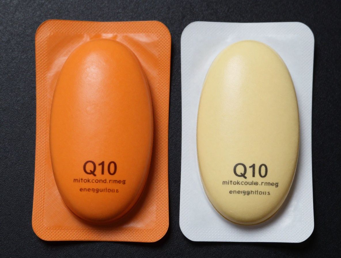 Abstrakt mikroskopiinspirerad bild av orangea och gula runda celler mot mörk bakgrund, symboliserar koenzym Q10 och mitokondriell energiproduktion